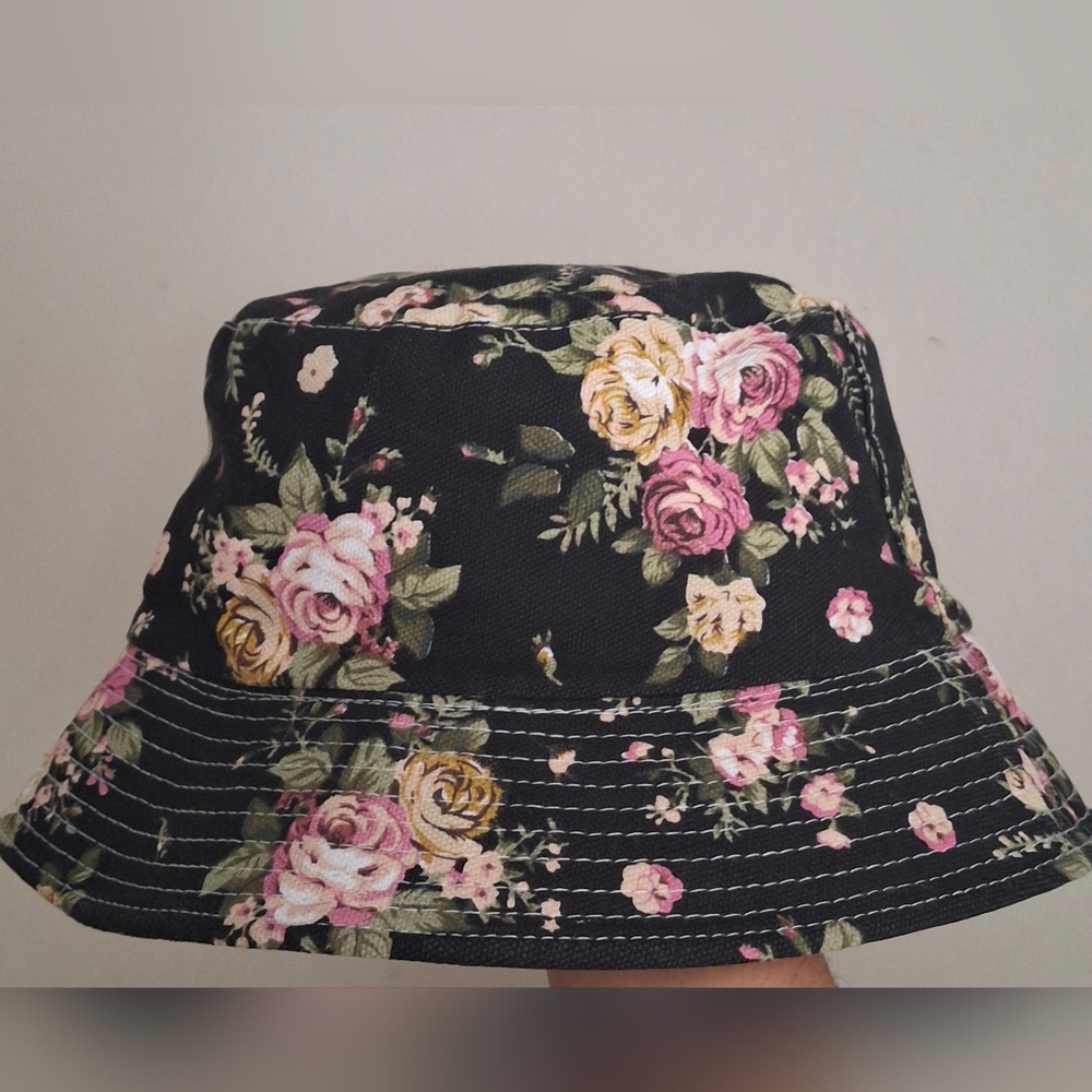Stilen Black Floral Bucket Hat Casual Fairycore Boho Gypsy Streetwear One Sz